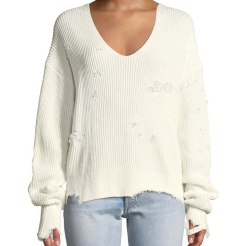 Helmut Lang Distressed Ribbed V-Neck Oversized Sweater in Off White sz S